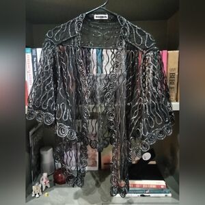 First Choice Black Embroidered Shawl | Sheer Scalloped Bolero | Evening Layer